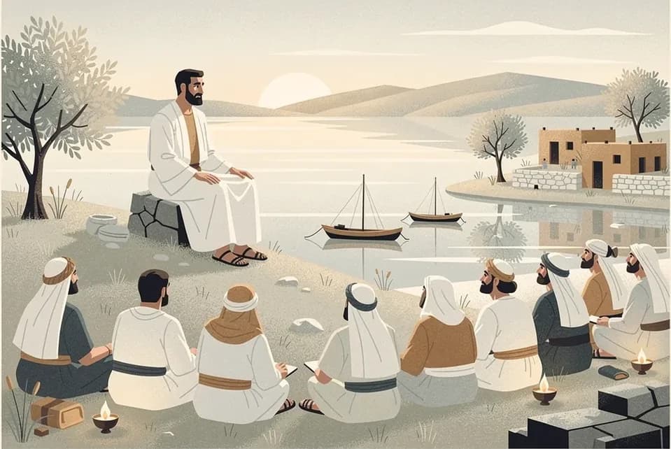 Mid-century illustration of Jesus teaching the crowd on a hillside above the sea