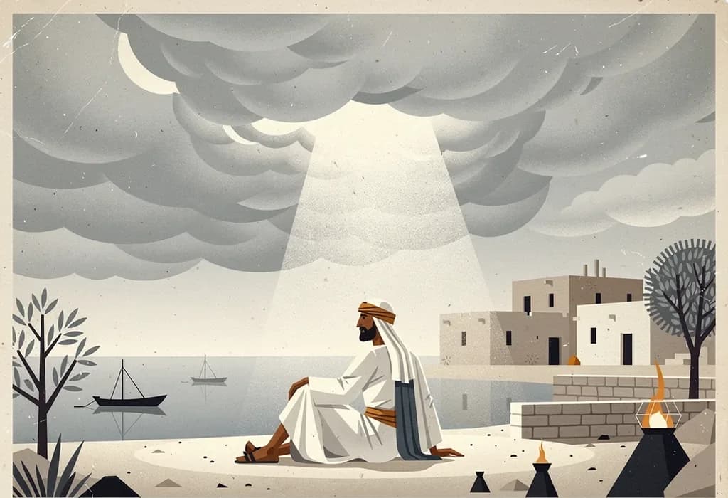 Mid-century illustration of Job sitting in the ashes under a storm, light breaking through the clouds