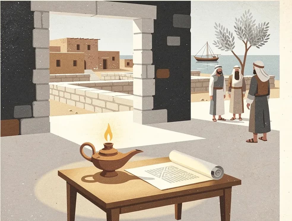 Mid-century illustration of an oil lamp and an open scroll on a table, disciples talking by the sea of Galilee