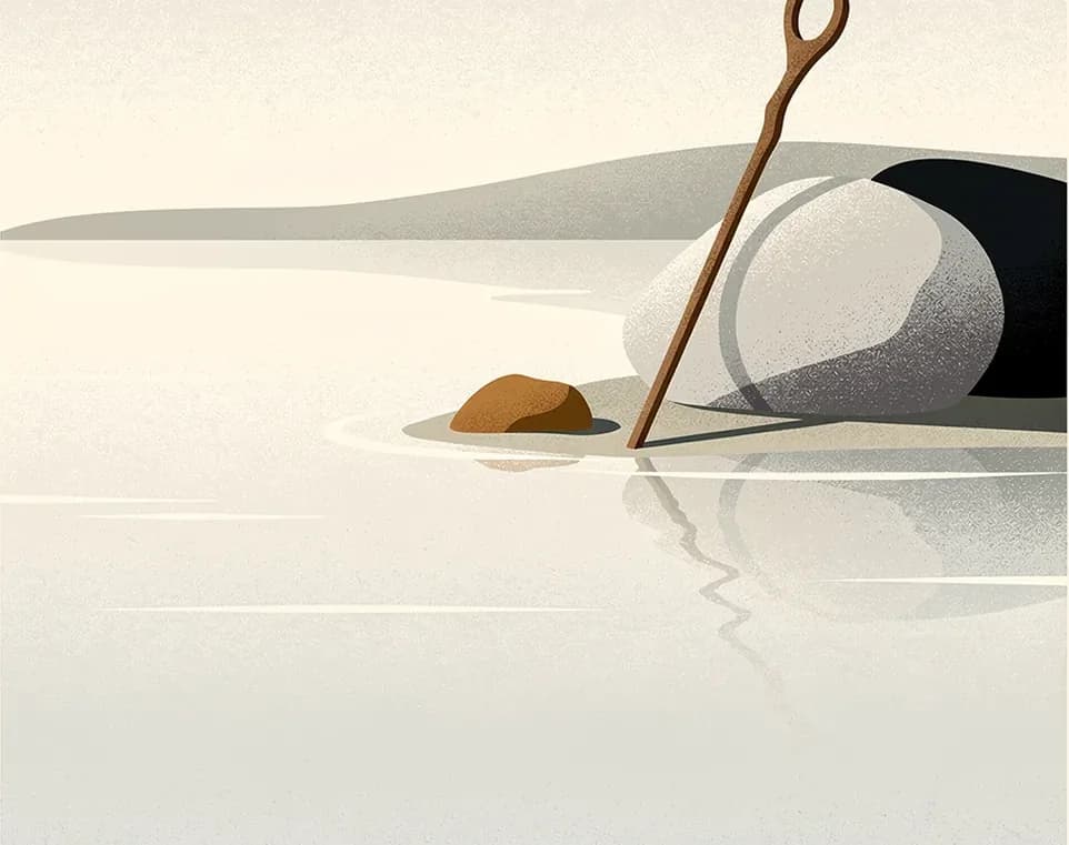 Mid-century illustration of a shepherd's staff resting against a stone in still water